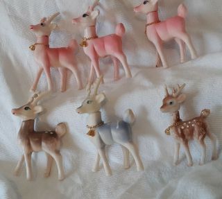 6 Vintage Hong Kong 3 Pink 1 Blue 2 brown Plastic Reindeer Deer Bells 5.  25 