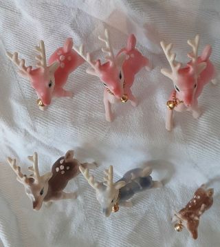 6 Vintage Hong Kong 3 Pink 1 Blue 2 brown Plastic Reindeer Deer Bells 5.  25 