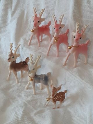 6 Vintage Hong Kong 3 Pink 1 Blue 2 brown Plastic Reindeer Deer Bells 5.  25 