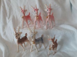 6 Vintage Hong Kong 3 Pink 1 Blue 2 brown Plastic Reindeer Deer Bells 5.  25 