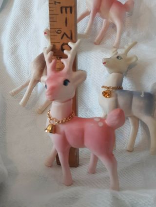 6 Vintage Hong Kong 3 Pink 1 Blue 2 brown Plastic Reindeer Deer Bells 5.  25 