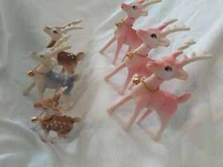 6 Vintage Hong Kong 3 Pink 1 Blue 2 brown Plastic Reindeer Deer Bells 5.  25 