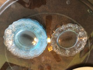 8 Antique Etched Blue Glass Hor Doeuvres Plates.