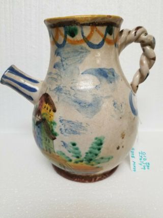 Vintage Painted Pottery Jug With Pour Spout And Handles Italy