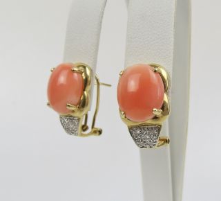 Natural Pink Coral Diamond Earrings Solid 14k Yellow Gold 5.  4 Grams