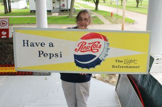 Large Vintage 1957 Pepsi Cola Soda Pop Gas Station 54 " Embossed Metal Sign