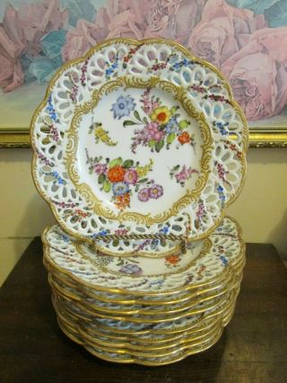 Antique Dresden Porcelain Germany Set Of 10 Reticulated Plate Gold Flowers 8.  5 "