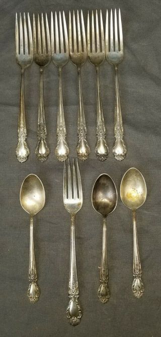International Sterling Silver Brocade Pattern 7 Forks 3 Spoons 450g