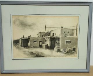 Vintage Framed Drawing Of Adobe Structure In The American Southwest In Charcoal
