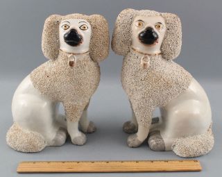 Large 10in Antique 19thc Staffordshire Pottery Poodle Dogs,  Mantle Figurines