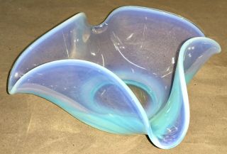 Vintage Blue Opalescent Art Glass Handkerchief Bowl 9” Wide 3 1/2” Tall Mod