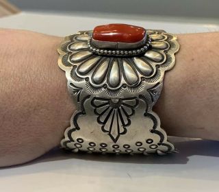 Raymond Delgarito Old Pawn Coral Stone Navajo Cuff Bracelet Sterling 85 Grams 3