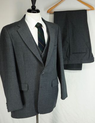 Vtg 3 Piece Suit Charcoal Gray Pinstripe Wool 2 Btn Vest Blazer Pants 42l 36x32