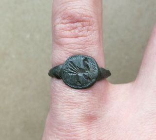 Ancient Viking Old Bronze Fabulous Status Ring Runic Ornament " Turkey " Very Rare