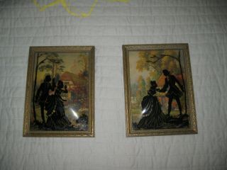 Pair Vintage Reverse Painted Silhouette Pictures Curved Bubble Glass Wood Frames
