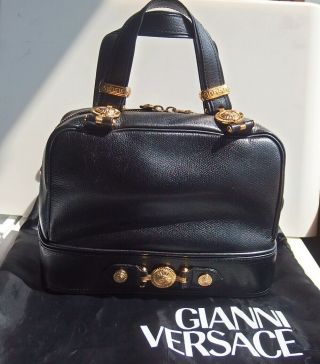 Vintage Gianni Versace Cow Leather Hand Bag Black X Gold Tone Metal Very Good