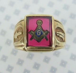 10k Rose Gold B & F Vintage Red Synthetic Spinel Compass Masonic Ring Size 10.  5