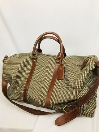 Vintage Polo Ralph Lauren Duffle Bag Houndstooth Luggage Tag Travel Gym Large