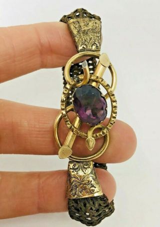 Victorian Gold Cased Mourning Bracelet Braided Hair Amethyst Glass Momento Mori