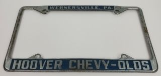 (2) Vintage Chevrolet Oldsmobile Hoover Car Dealer Metal License Plate Frames PA 3