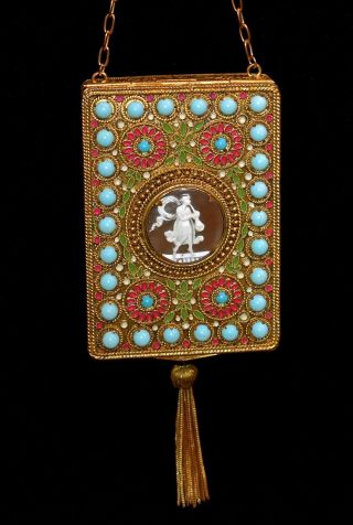Magnificent Antique French 1800s Jeweled Cameo Enameled Chatelaine Compact Purse