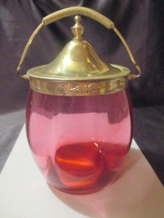 Antique Cranberry Glass Biscuit Cracker Cookie Jar Silver Plate Lid Swing Handle