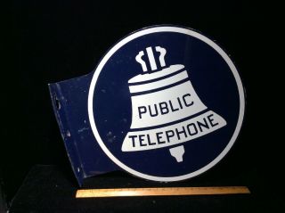 Vintage Public Telephone Enamel Sign Double Sided Flange Bell Systems Porcelain
