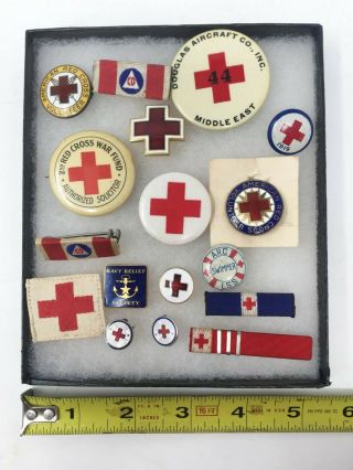 17 Old Red Cross Pinbacks Ribbons Enamel,  Civil Defense Navy Relief Wwi Wwii