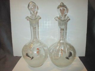 Pair Victorian Blown Glass Liquor Bottles Mary Gregory Enamel Roosters