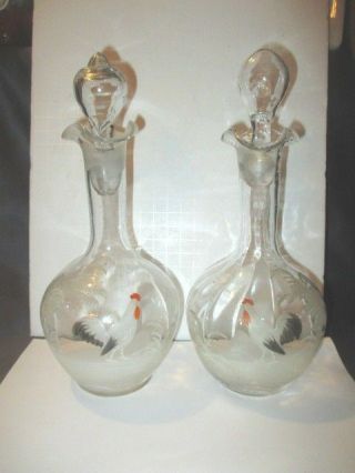 PAIR VICTORIAN BLOWN GLASS LIQUOR BOTTLES MARY GREGORY ENAMEL ROOSTERS 2