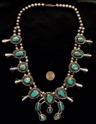 Vintage Navajo Royston Turquoise Squash Blossom Necklace Sterling Silver 278 G