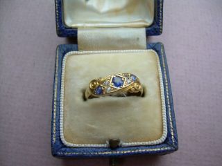 Antique Victorian 18ct Gold Natural Diamond & Sapphire 7 Stone Ring Size M.