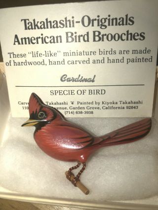 Vintage Carved Wood Painted Bird Pin Brooch Red Cardinal on branch 3