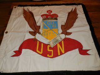 Vtg 60s Usn Navy Seabee Eagle Shield Co.  41 21 Batt 2 Sided Silk Flag Banner