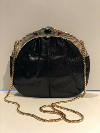Vintage Judith Leiber Black Snakeskin & Gem Evening Clutch Shoulder Handbag