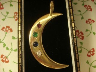 , Finely Crafted Vintage 9ct Gold:gem & Stones Set Crescent Moon Pendant