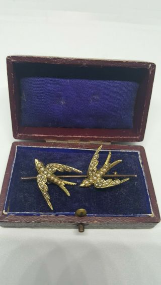 Antique Victorian /edwardian 15ct Gold & Pearl Sweetheart Swallows Bird Brooch