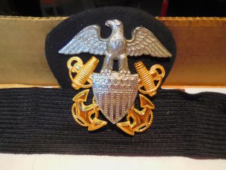 Vtg Estate Wwii Us Navy Officers Wool Dress Hat Band Gold Filled Eagle Insignia