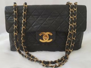 Chanel Vintage Jumbo Maxi 34cm 13 " Single Flap Bag Lambskin Black Bag