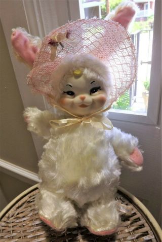 Vintage Rare Rushton Rubber Rabbit Face Bunny,  Plush Body,  Pink Bonnet 7