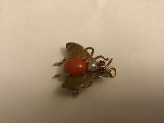 Vintage 14k Yg Coral Pearl Ruby Bee Pendant Brooch Pin 7,  Grams Gorgeous