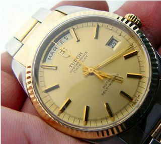 1961 Rolex Tudor Oyster Prince Date Day 18k Gold Bezel Band Ss 33mm 7019/3