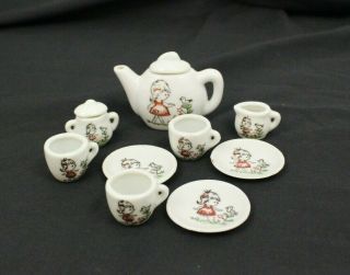 Vtg Miniature Tea China Set Made In Japan,  Girl W/ Bird Teapot,  Sugar,  Creamer