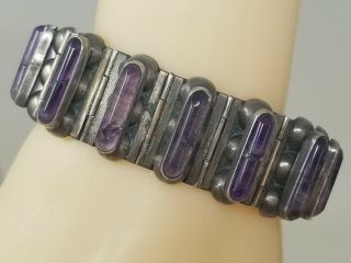 Vintage 1920s Taxco Mexico Sterling Silver Amethyst Inlay Bracelet 55g