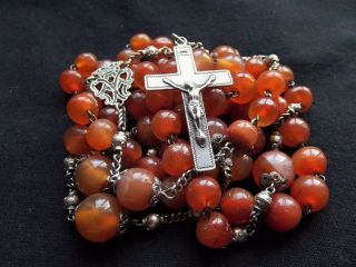 Large & Long Antique French Silver - Sterling Agate Rosary w/Marquess Crown 19th C 10