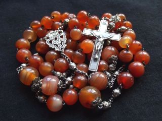 Large & Long Antique French Silver - Sterling Agate Rosary W/marquess Crown 19th C