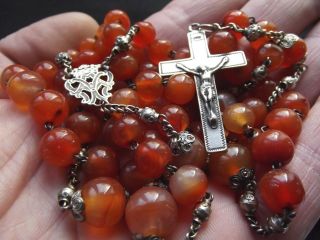 Large & Long Antique French Silver - Sterling Agate Rosary w/Marquess Crown 19th C 2