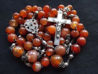 Large & Long Antique French Silver - Sterling Agate Rosary w/Marquess Crown 19th C 3