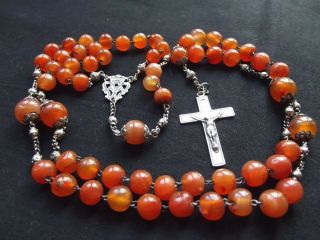 Large & Long Antique French Silver - Sterling Agate Rosary w/Marquess Crown 19th C 4