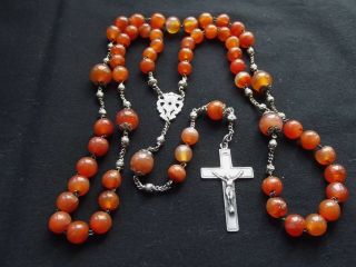 Large & Long Antique French Silver - Sterling Agate Rosary w/Marquess Crown 19th C 5